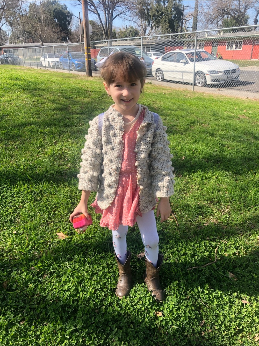 Girls Pink Casual Dress with Cream Crochet Cardigan